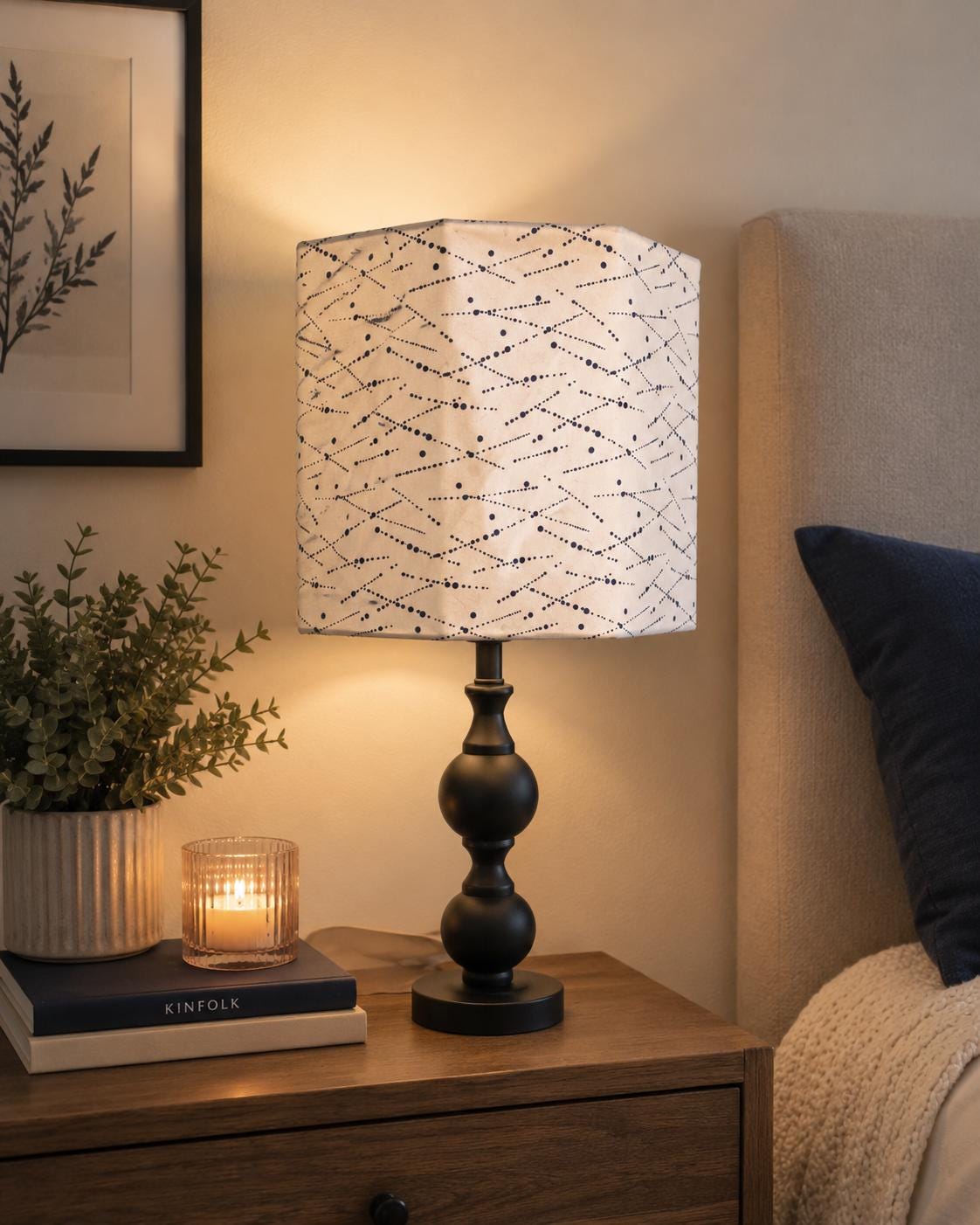 Blue Polka Dot Lampshade: Minimalist Hexagon Shade, Living Room Decor