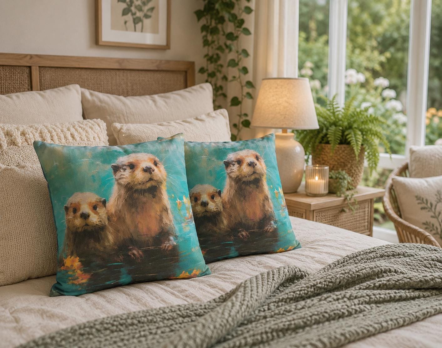 Otter Family Watercolour Print Cushions | Nature Inspired Coastal Home Décor (30x30cm)