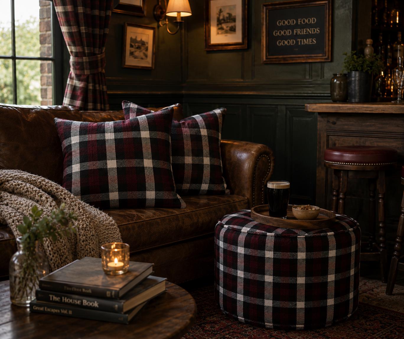 Purple Plaid Footstool: Washable Tartan Ottoman, Living Room Decor