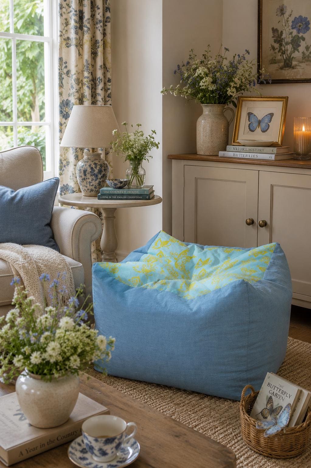 Butterfly Print Square Footstool: Hand-Printed Pouffe, Summer Decor