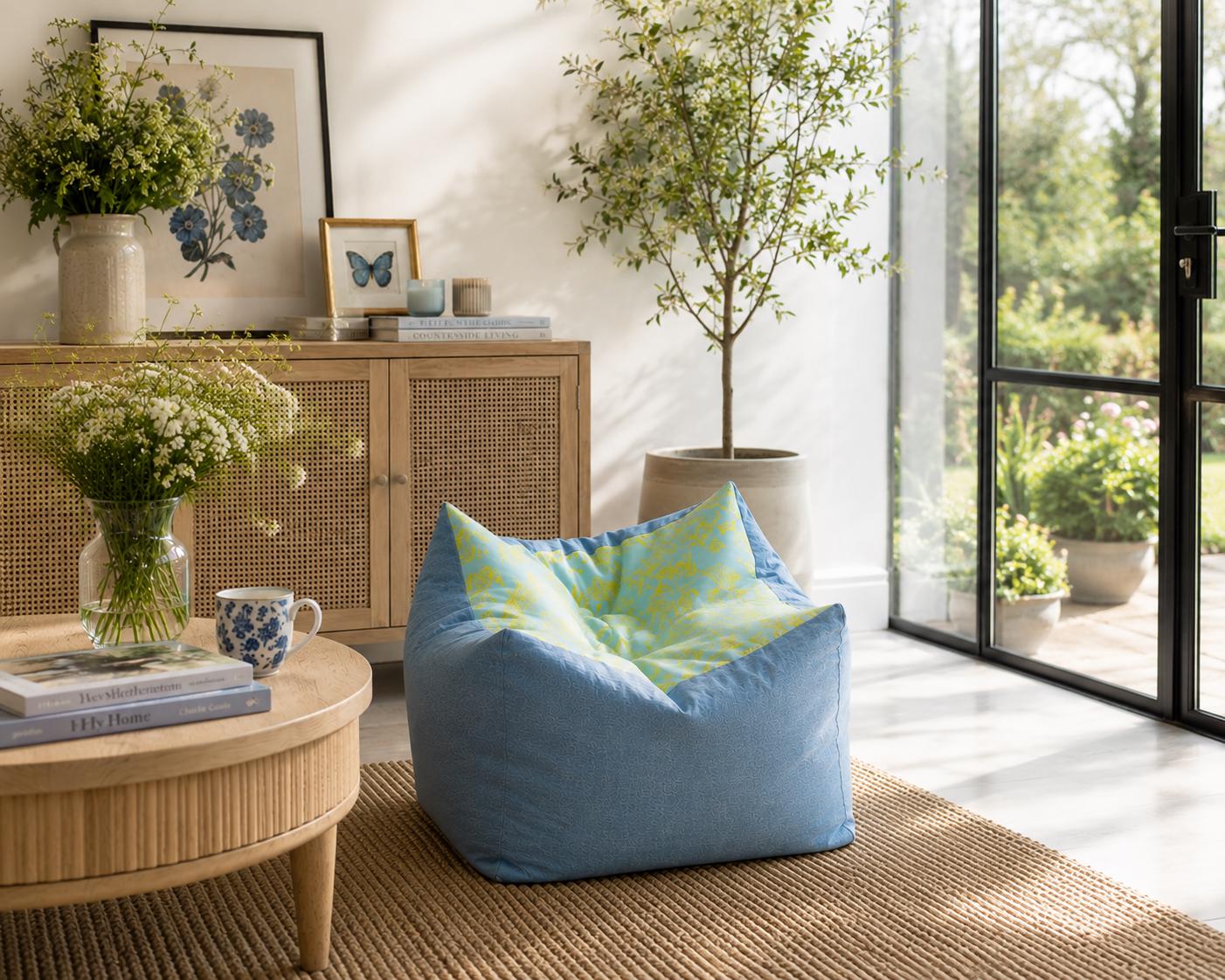 Butterfly Print Square Footstool: Hand-Printed Pouffe, Summer Decor