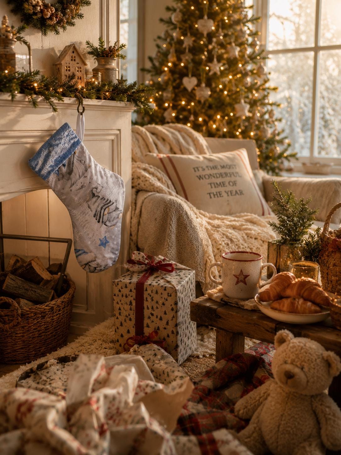 Gonk Fabric Christmas Stocking: Blue Velvet Trim, Festive Decor