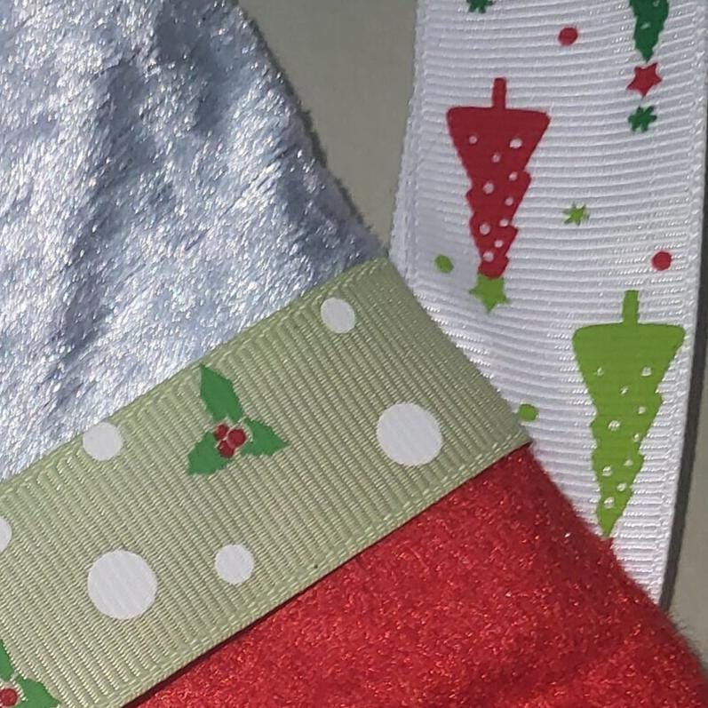 Handmade Red Felt Christmas Stocking: Green Ribbon & Blue Velvet Trim
