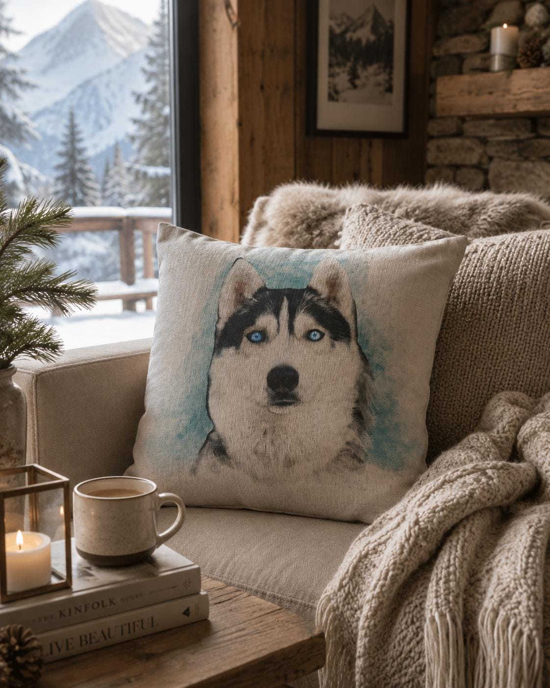 Husky Dog Print Cushion: Cotton Linen Pillow, Animal Lover Gift