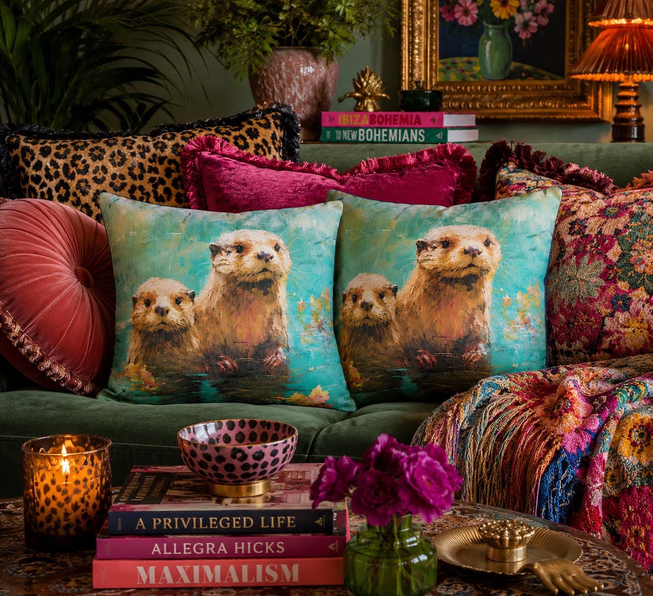 Otter Family Watercolour Print Cushions | Nature Inspired Coastal Home Décor (30x30cm)