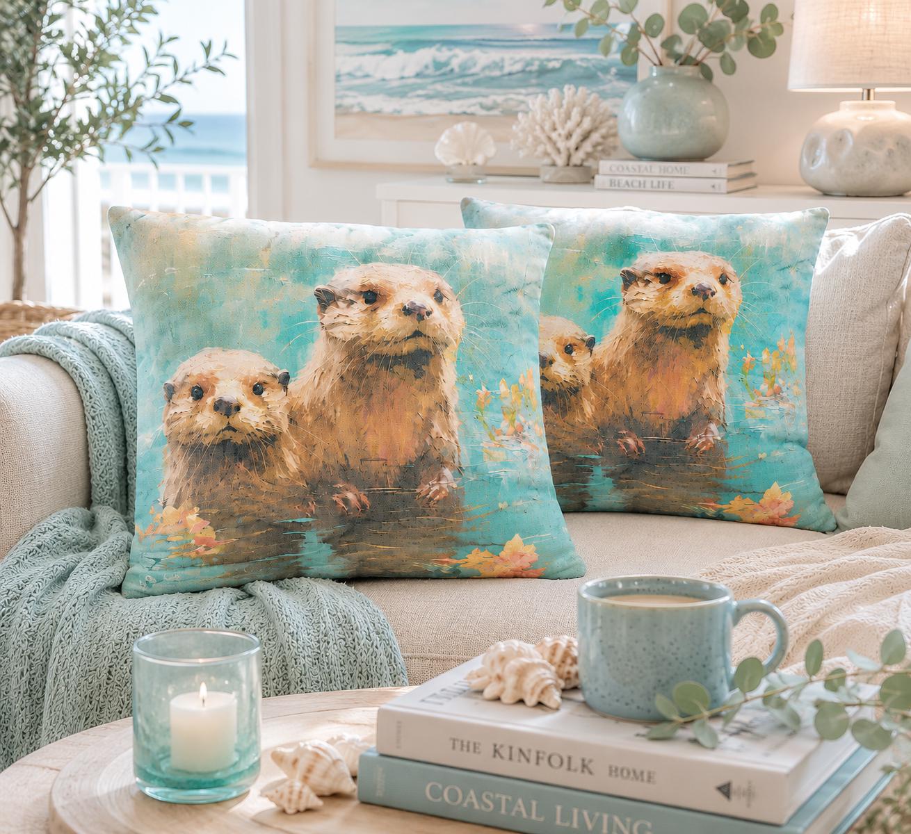 Otter Family Watercolour Print Cushions | Nature Inspired Coastal Home Décor (30x30cm)