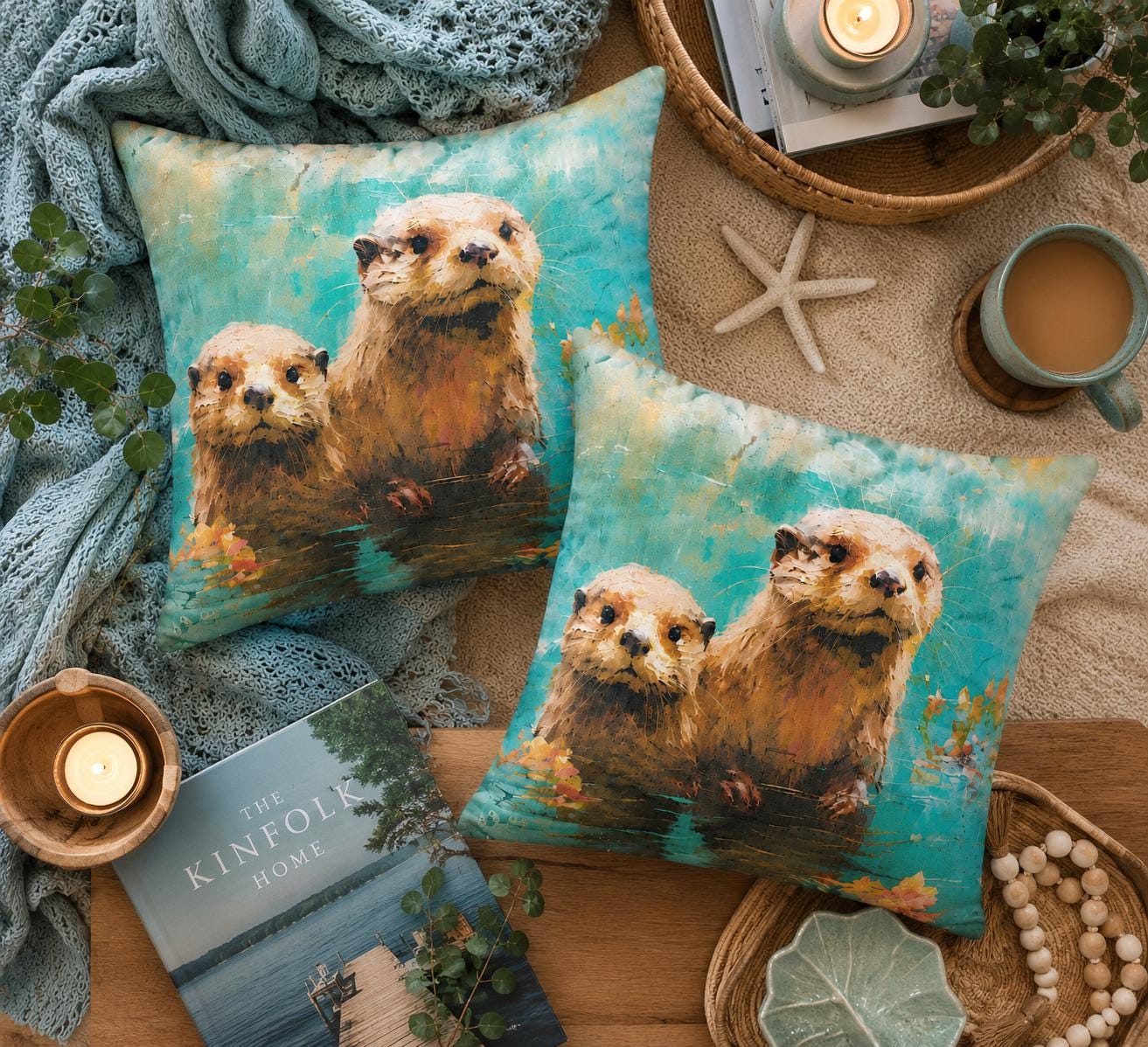Otter Family Watercolour Print Cushions | Nature Inspired Coastal Home Décor (30x30cm)