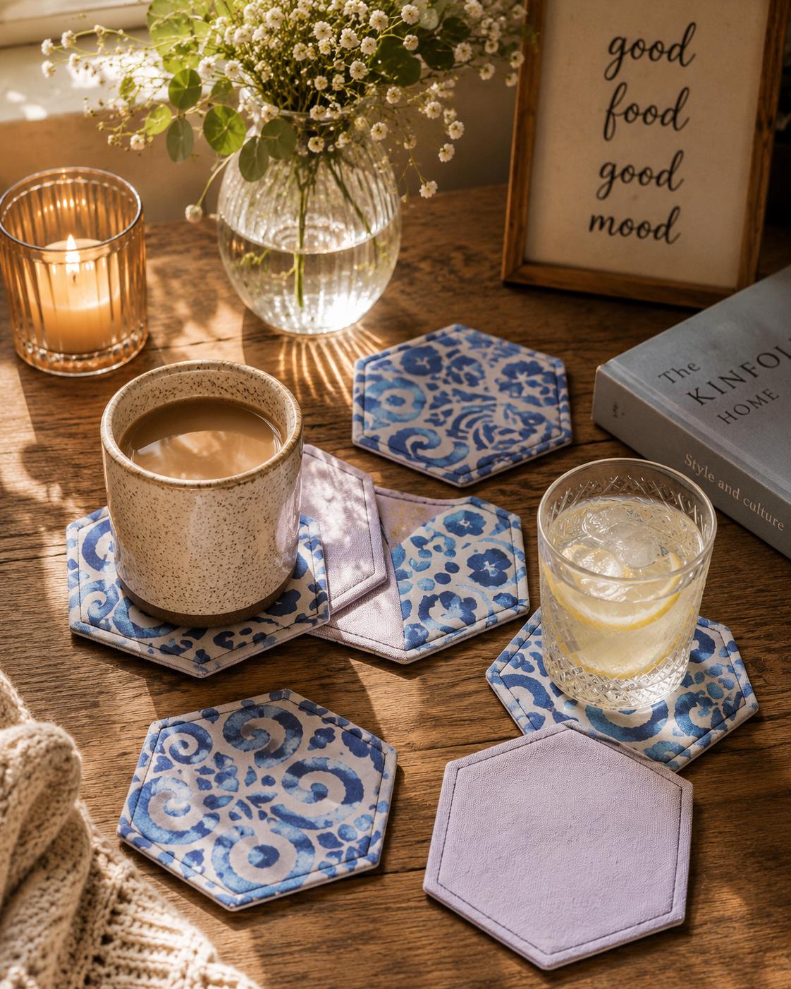 Mandala Print Hexagonal Coasters: Metallic Blue & Purple, Set of 5 - KJ Designs