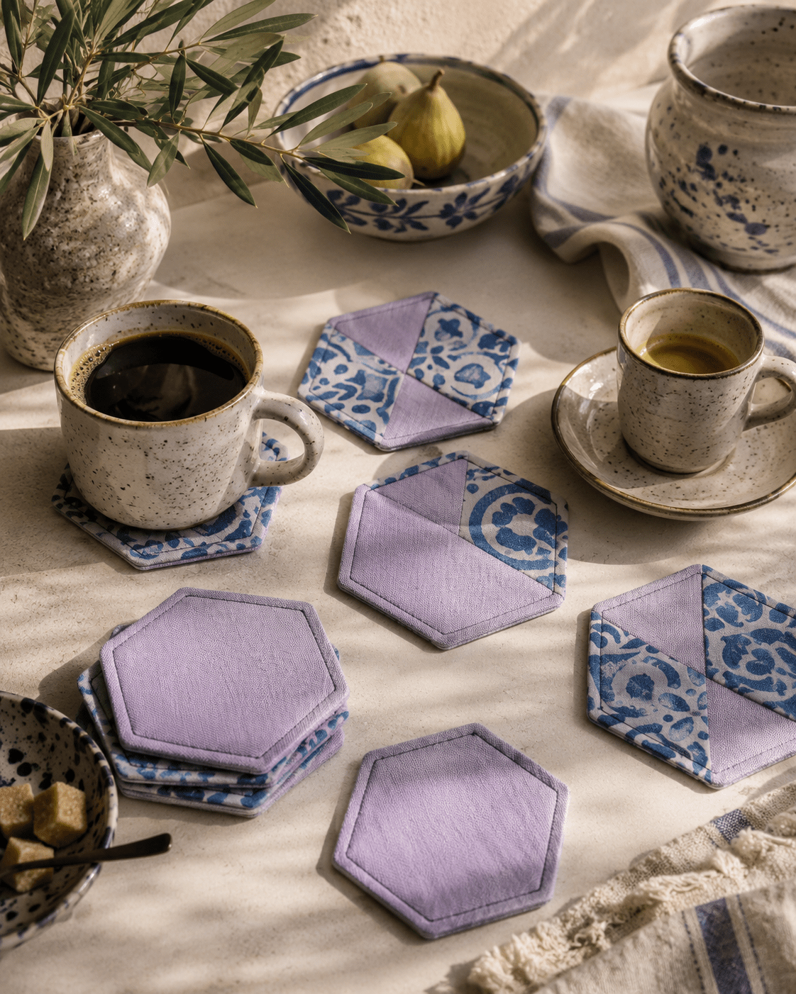 Mandala Print Hexagonal Coasters: Metallic Blue & Purple, Set of 5 - KJ Designs
