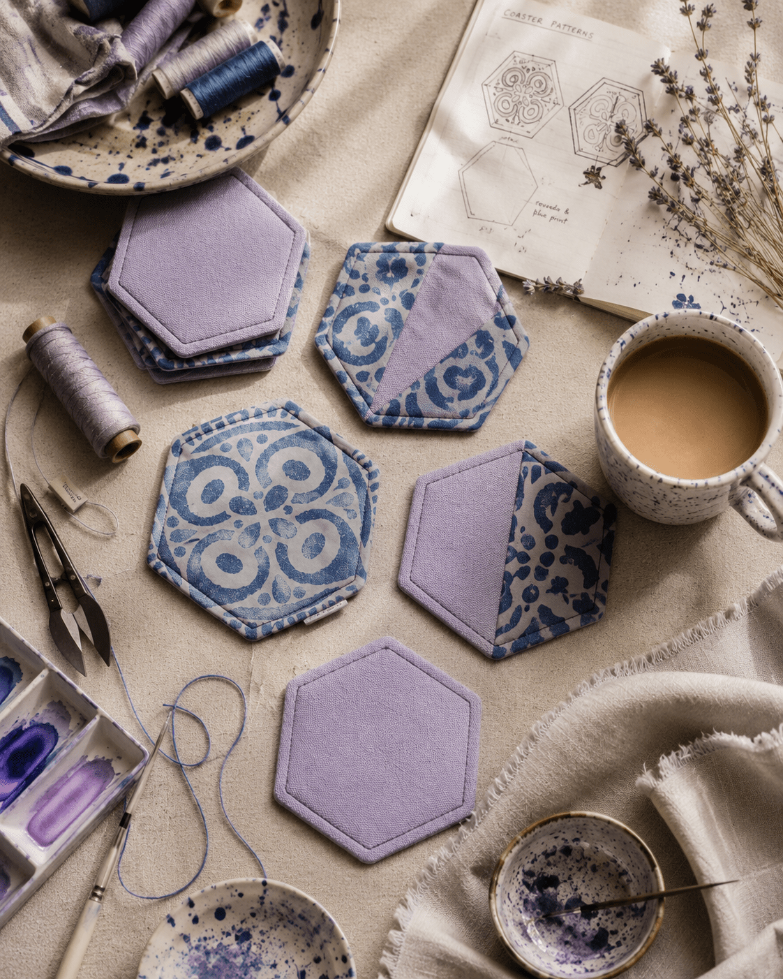 Mandala Print Hexagonal Coasters: Metallic Blue & Purple, Set of 5 - KJ Designs