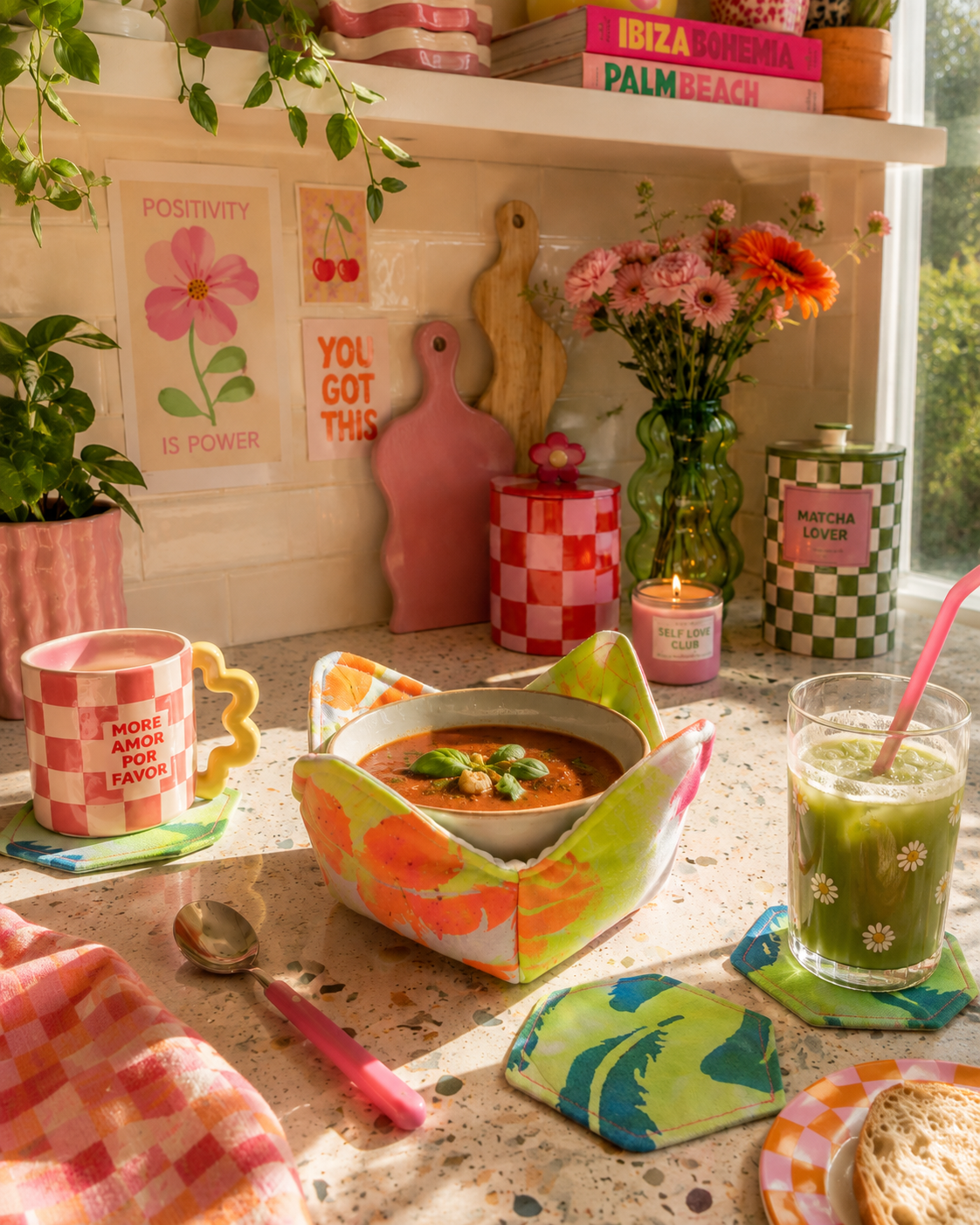 Neon Feather Print Bowl Cosy: Heat Resistant Bowl Protection - KJ Designs