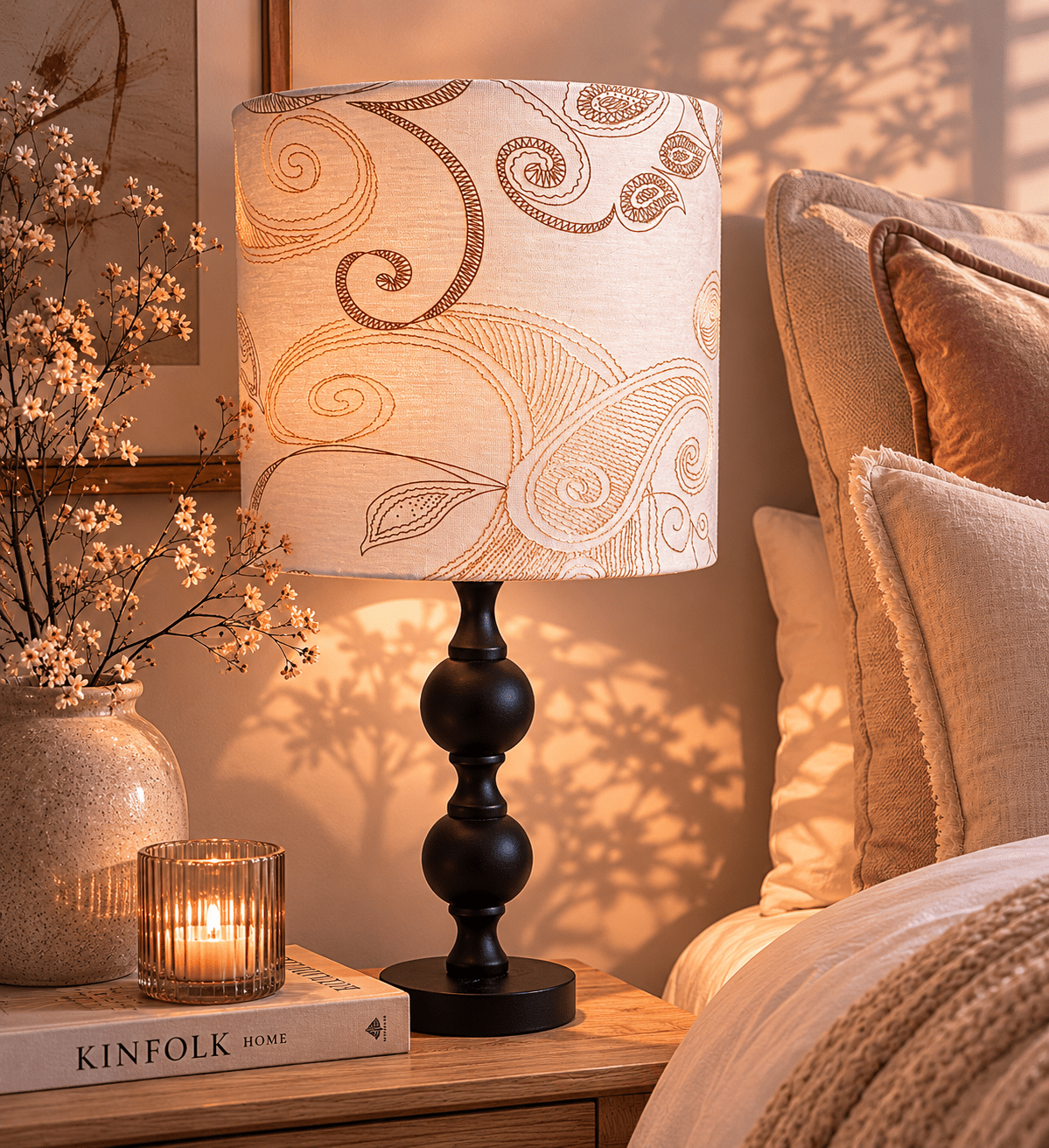 Neutral Paisley Drum Lampshade: Minimalist Table/Pendant Light - KJ Designs