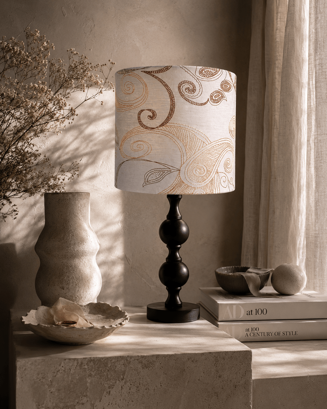 Neutral Paisley Drum Lampshade: Minimalist Table/Pendant Light - KJ Designs