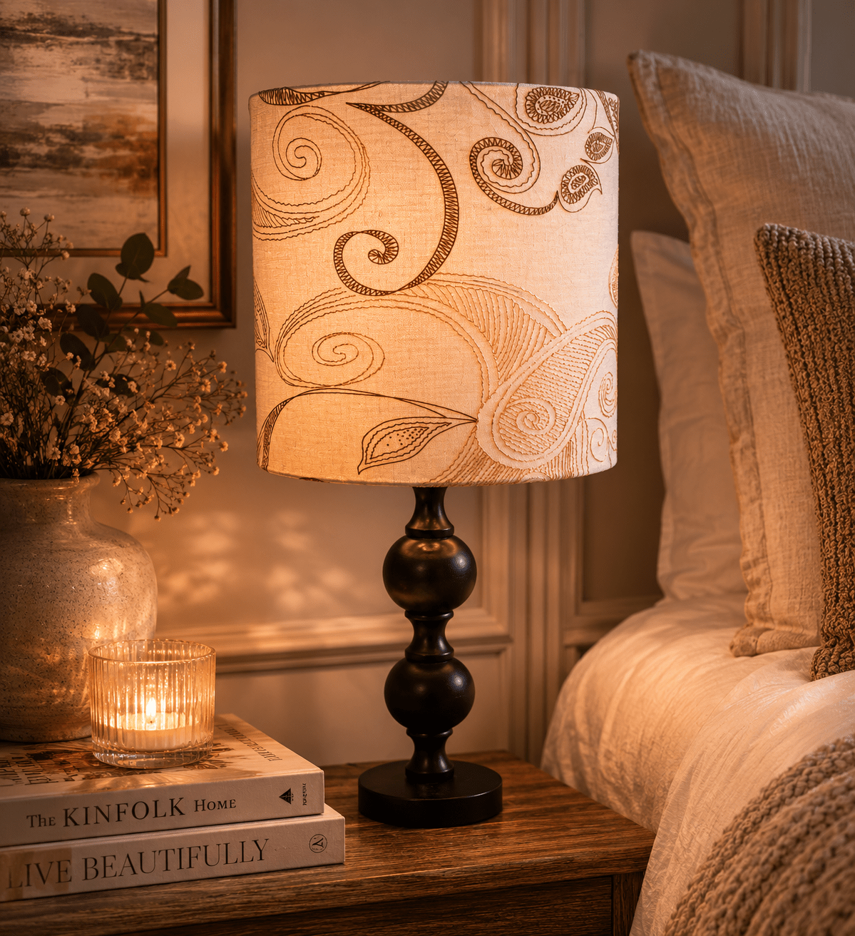 Neutral Paisley Drum Lampshade: Minimalist Table/Pendant Light - KJ Designs