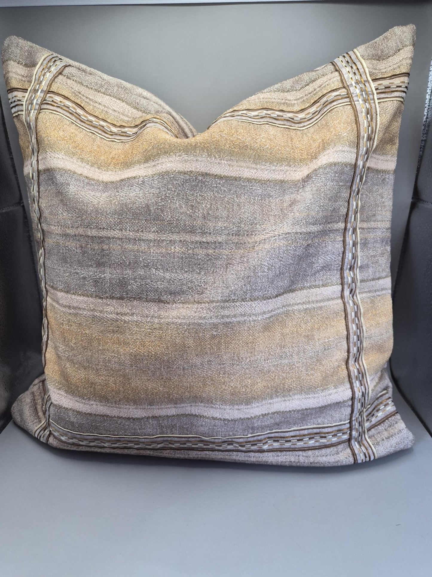 Neutral Stripe Cushion 40x40cm – Beige Taupe Textured Pillow with Ribbon Detail - KJ Designs