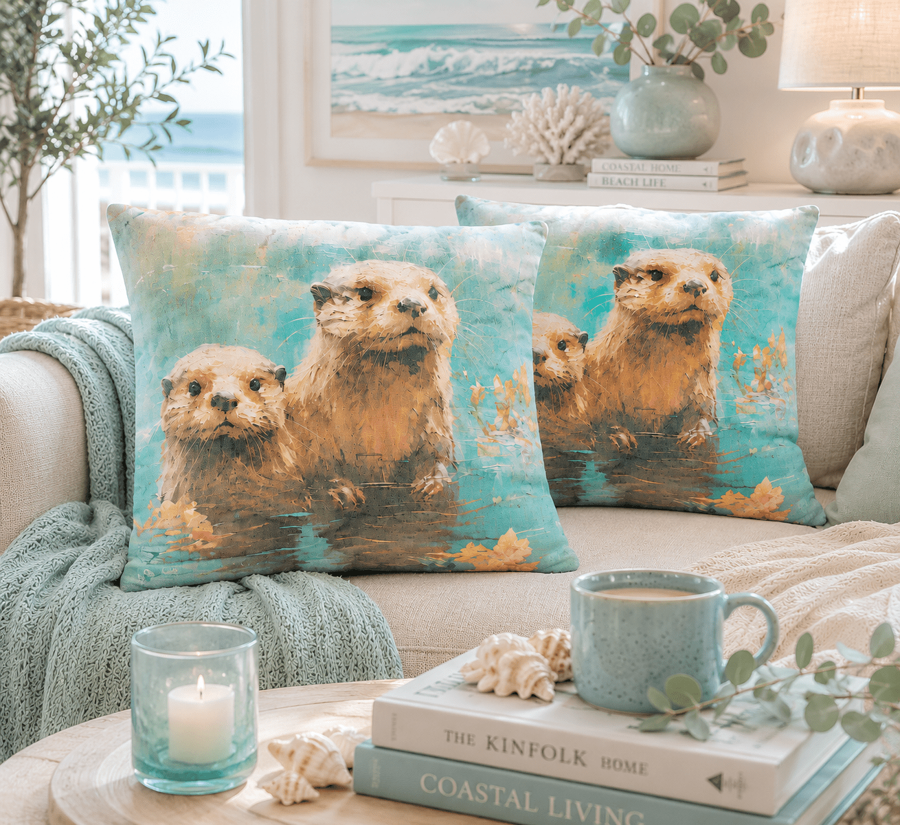 Otter Family Watercolour Print Cushions | Nature Inspired Coastal Home Décor (30x30cm) - KJ Designs