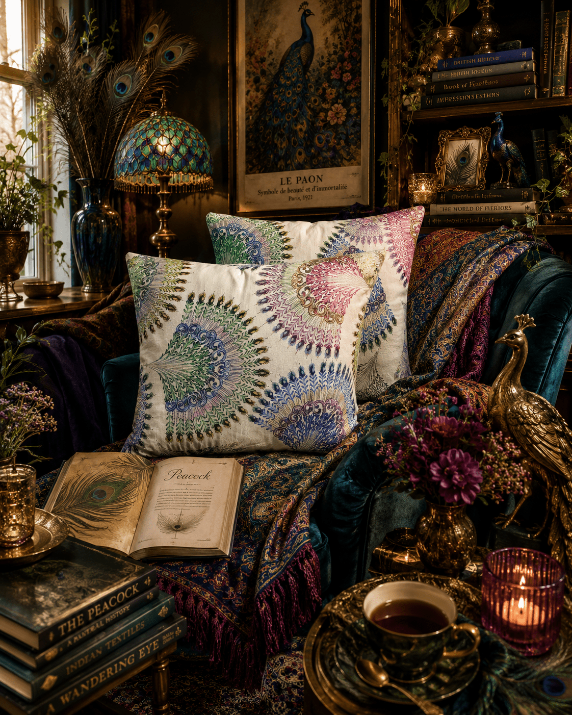 Peacock Feather Print Cushions: Multicoloured Rectangle Pillows, Set of 2 - KJ Designs