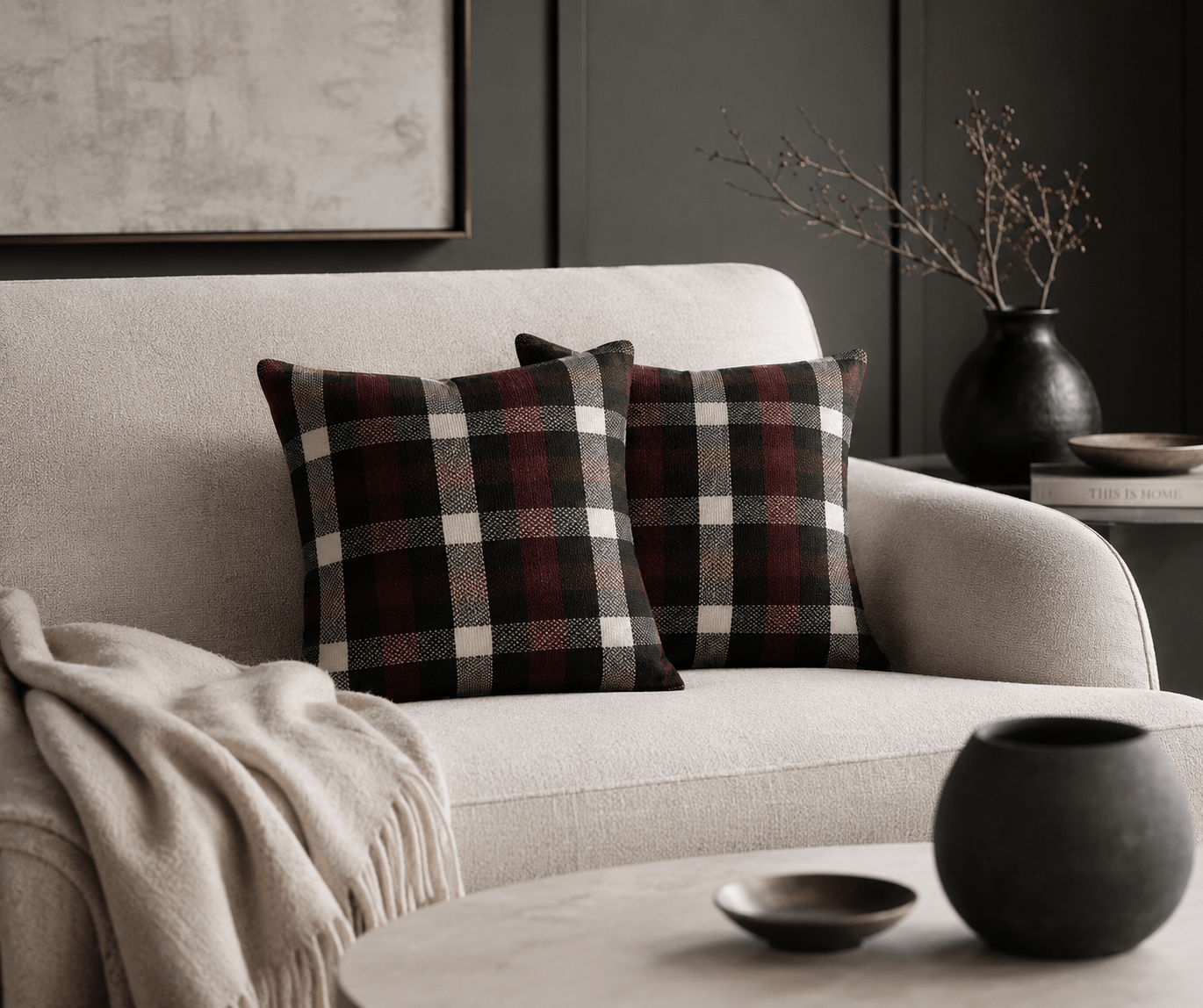 Plaid Throw Pillows: Purple & Black Tartan Cushions, Woven Cotton (Pair) - KJ Designs