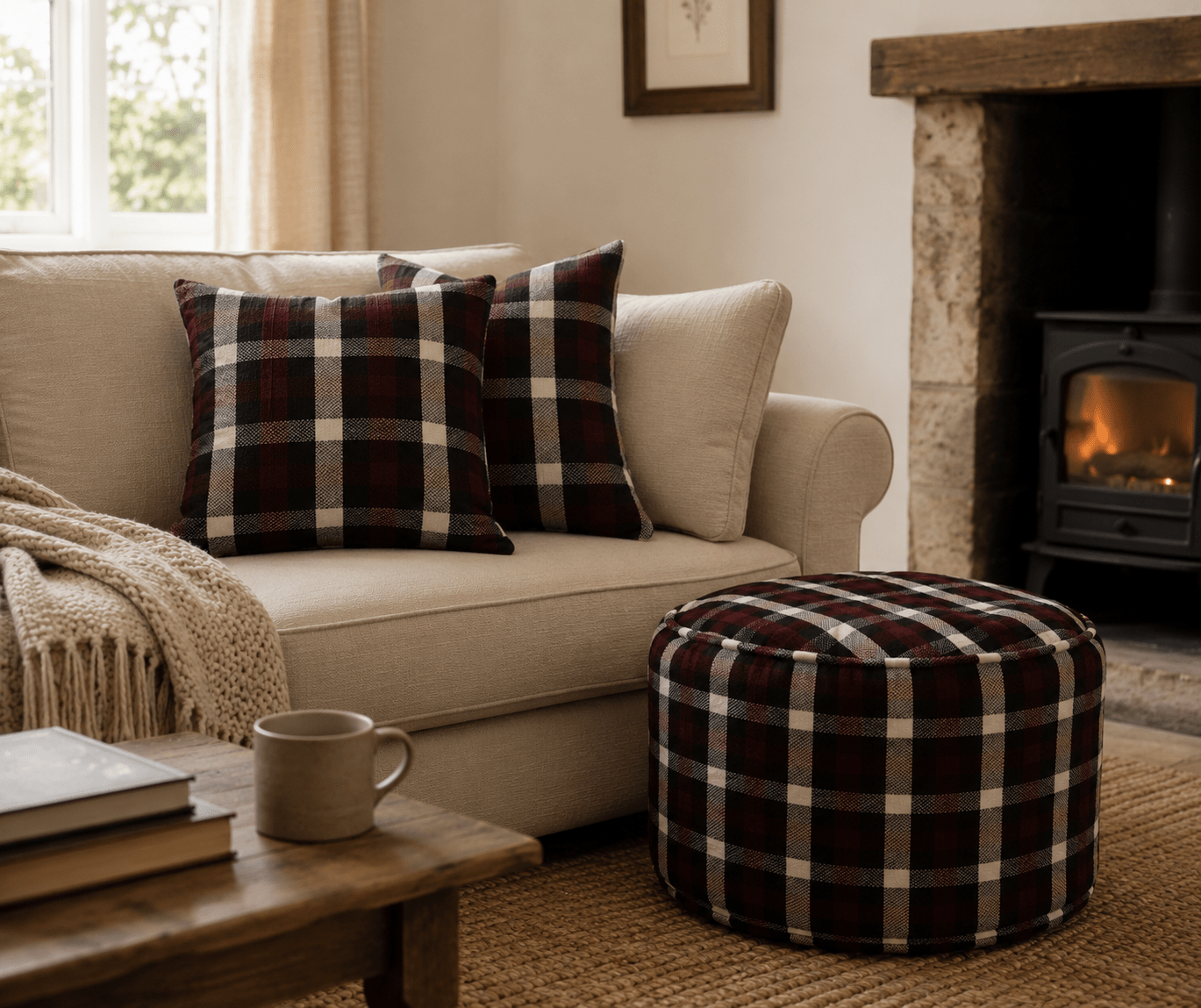Plaid Throw Pillows: Purple & Black Tartan Cushions, Woven Cotton (Pair) - KJ Designs
