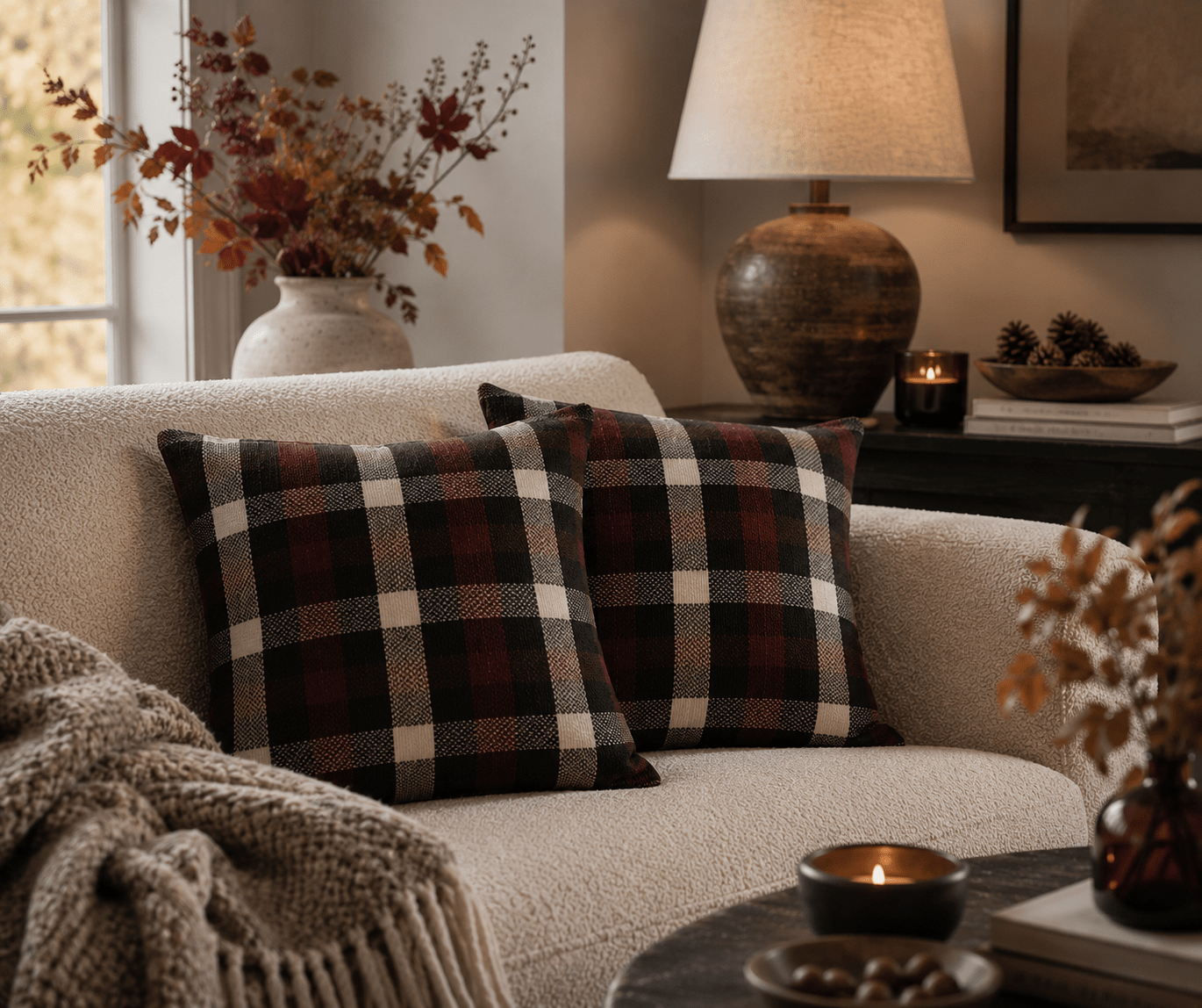 Plaid Throw Pillows: Purple & Black Tartan Cushions, Woven Cotton (Pair) - KJ Designs