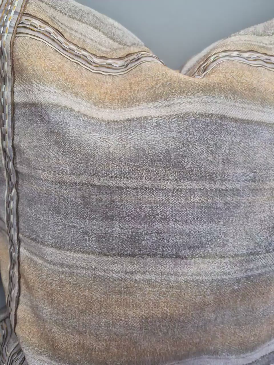 Neutral Stripe Cushion 40x40cm – Beige Taupe Textured Pillow with Ribbon Detail