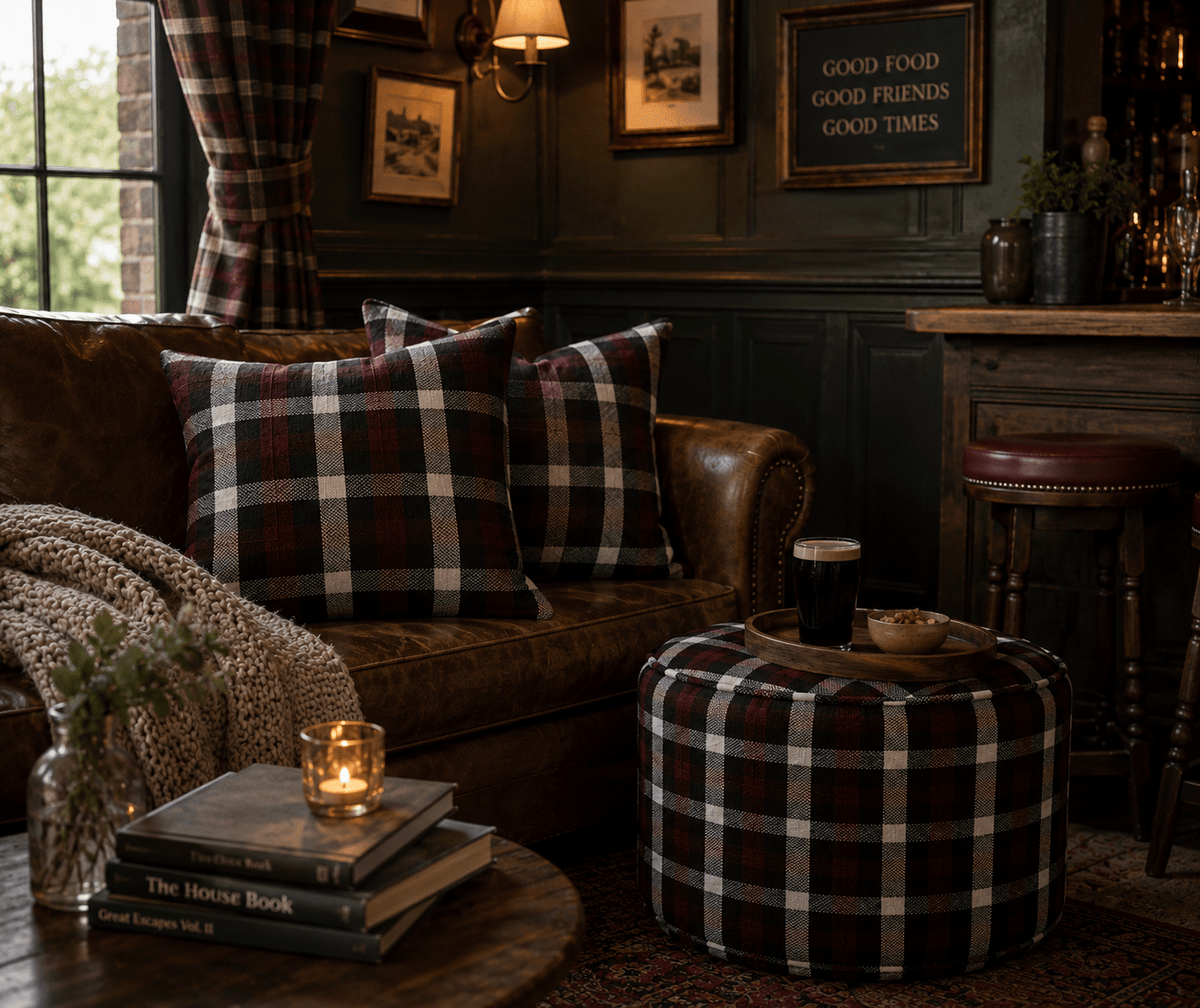 Purple Plaid Footstool: Washable Tartan Ottoman, Living Room Decor - KJ Designs