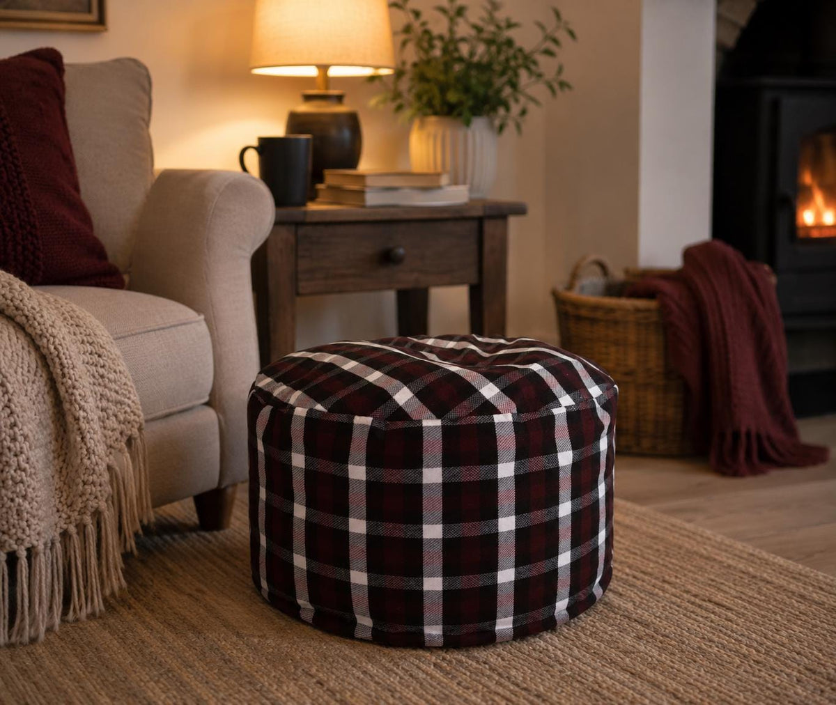 Purple Plaid Footstool: Washable Tartan Ottoman, Living Room Decor - KJ Designs