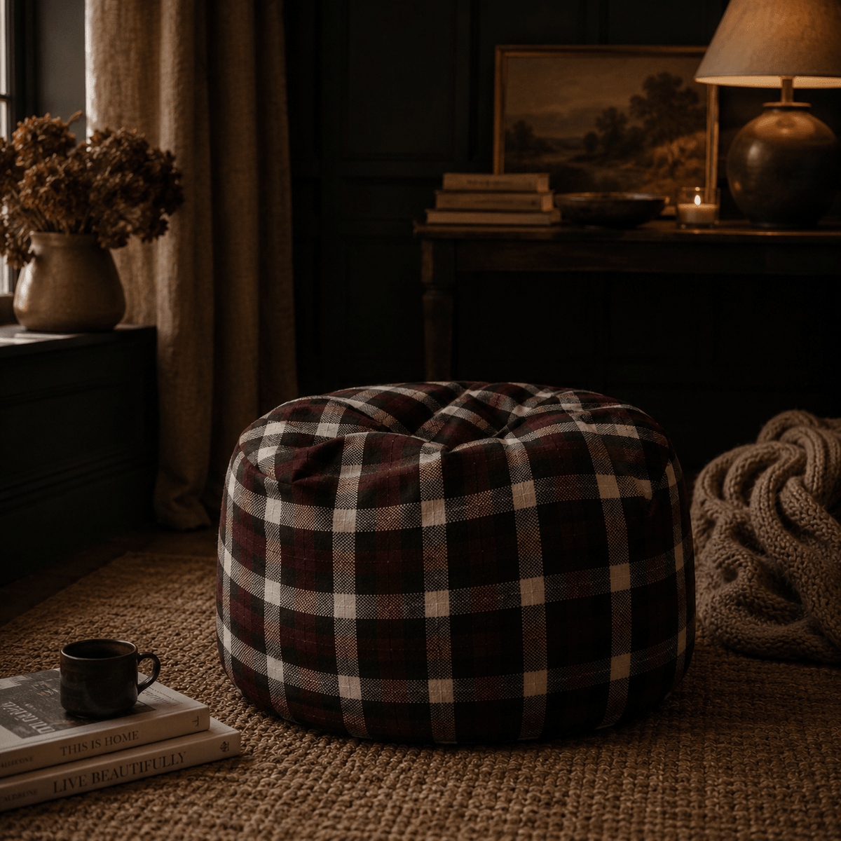 Purple Plaid Footstool: Washable Tartan Ottoman, Living Room Decor - KJ Designs