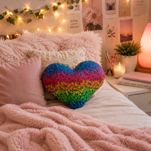 Rainbow Butterfly Print Heart Cushion: Vibrant Girls Room Decor - KJ Designs