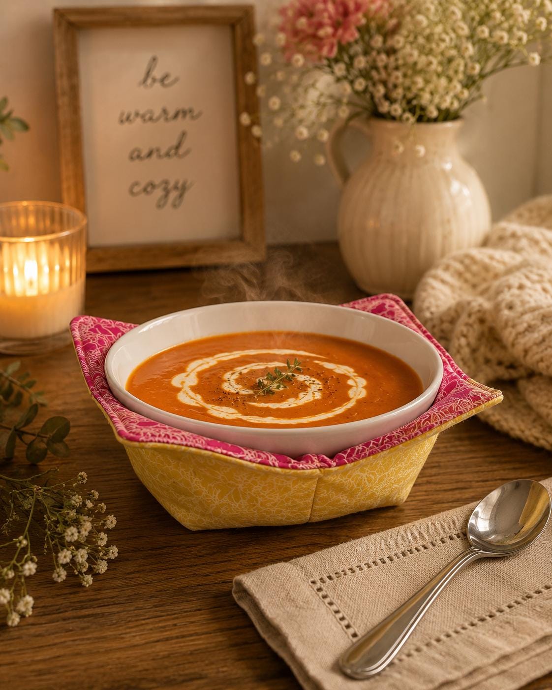 Reversible Floral Bowl Cozy: Eco-Friendly Hot Bowl Holder - KJ Designs