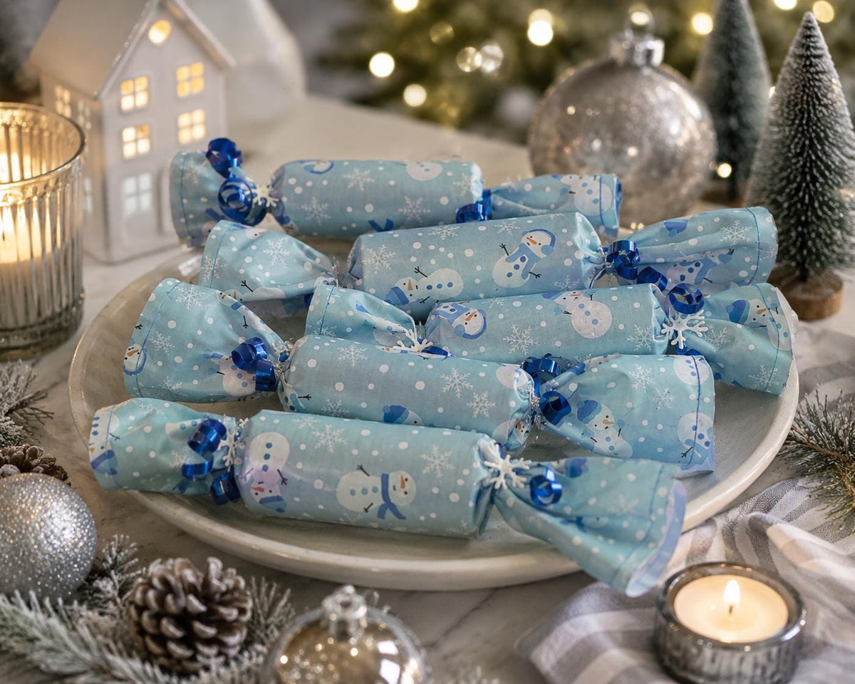 Set of 5 Handmade Fabric Christmas Crackers: Snowman Print Holiday Decor - KJ Designs