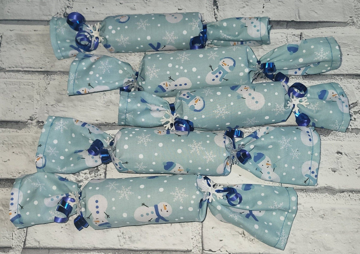 Set of 5 Handmade Fabric Christmas Crackers: Snowman Print Holiday Decor - KJ Designs
