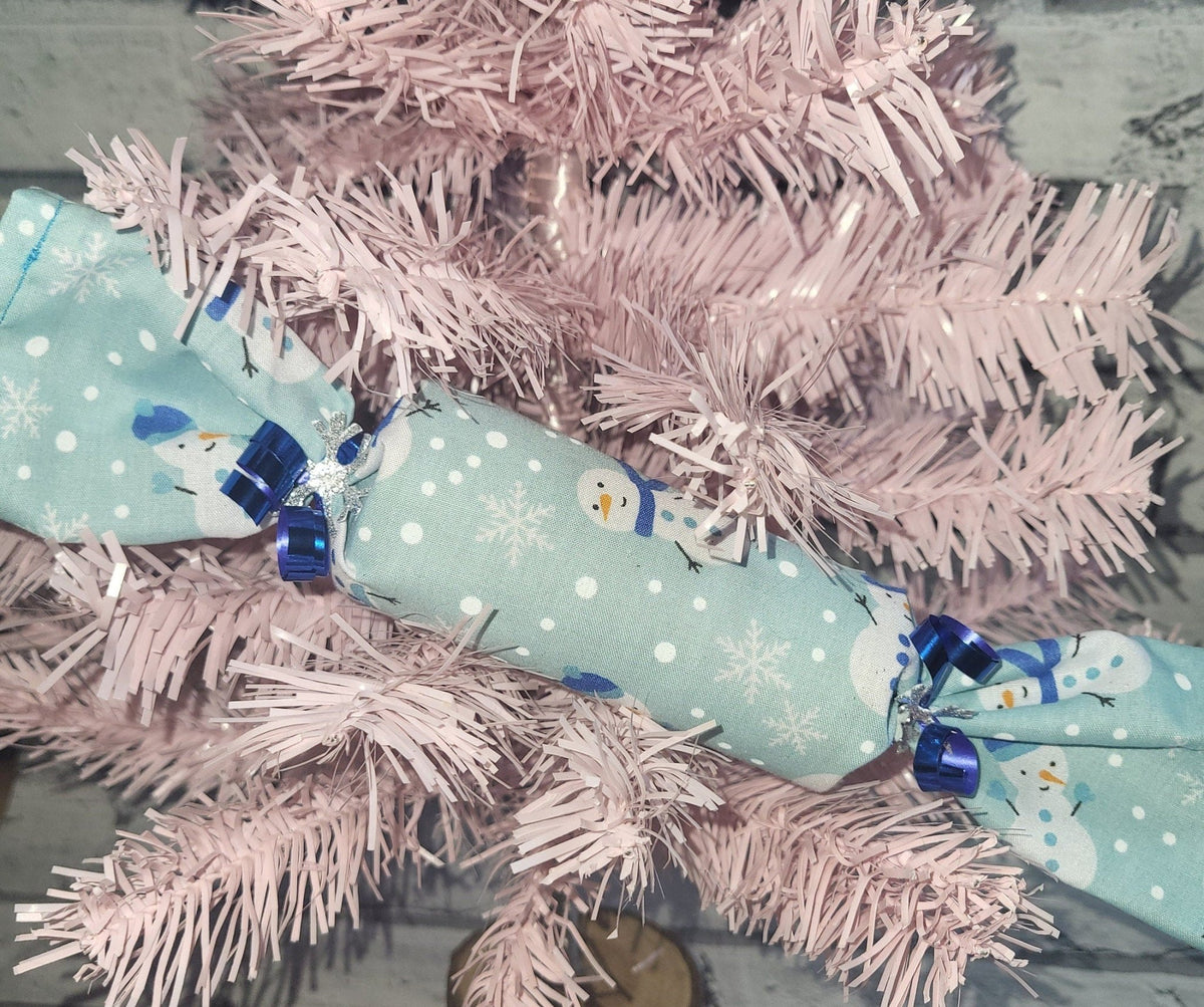 Set of 5 Handmade Fabric Christmas Crackers: Snowman Print Holiday Decor - KJ Designs