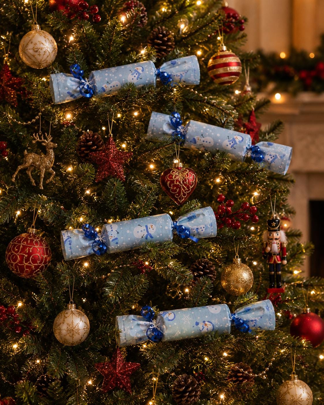 Set of 5 Handmade Fabric Christmas Crackers: Snowman Print Holiday Decor - KJ Designs
