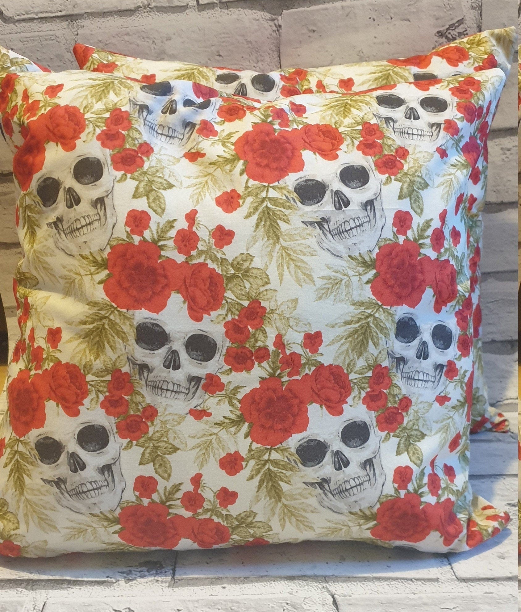 Skull and Roses Cushions: Alternative Halloween Home Decor - KJ Designs