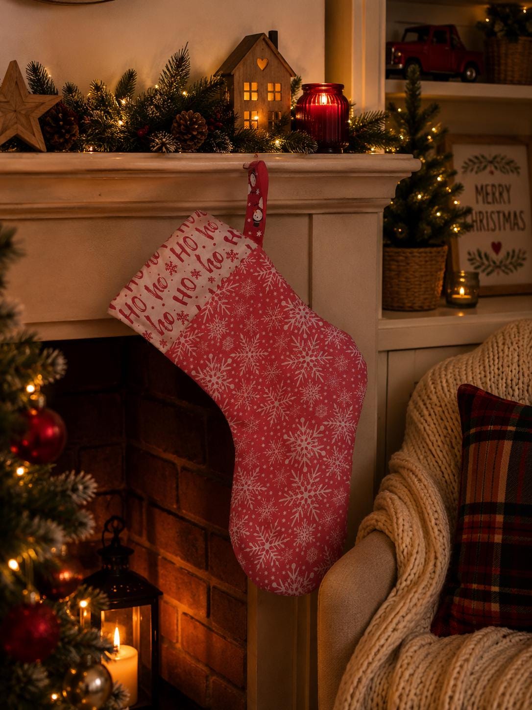 Snowflake Print Christmas Stocking: Red & White Holiday Decor - KJ Designs