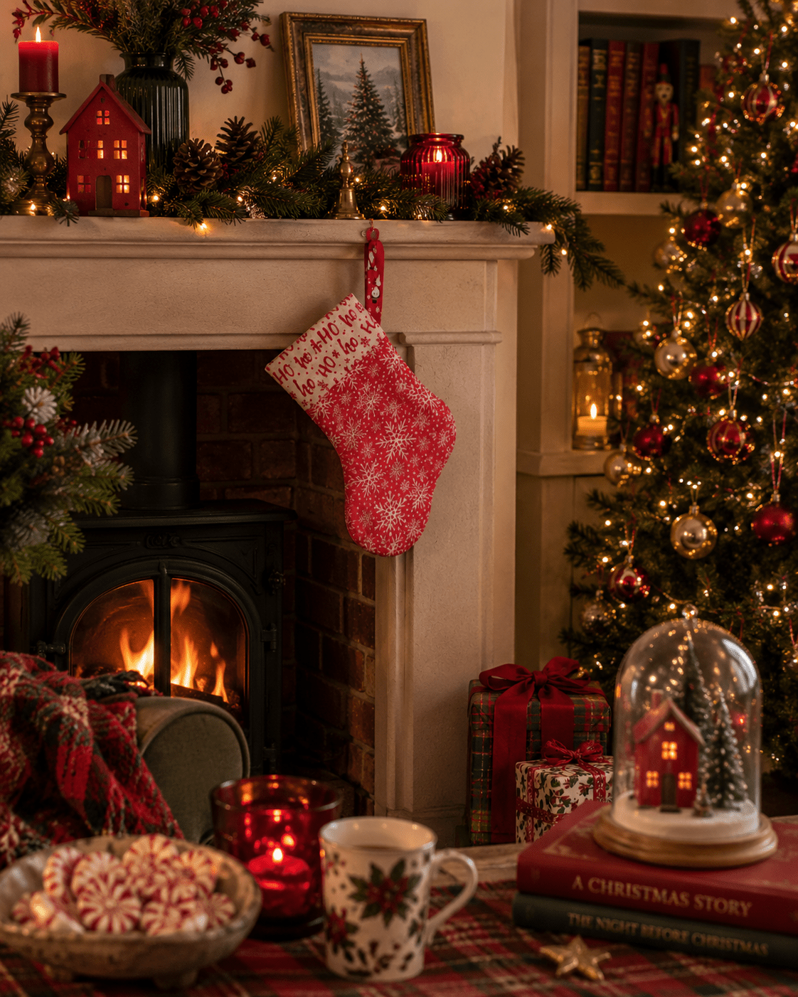 Snowflake Print Christmas Stocking: Red & White Holiday Decor - KJ Designs
