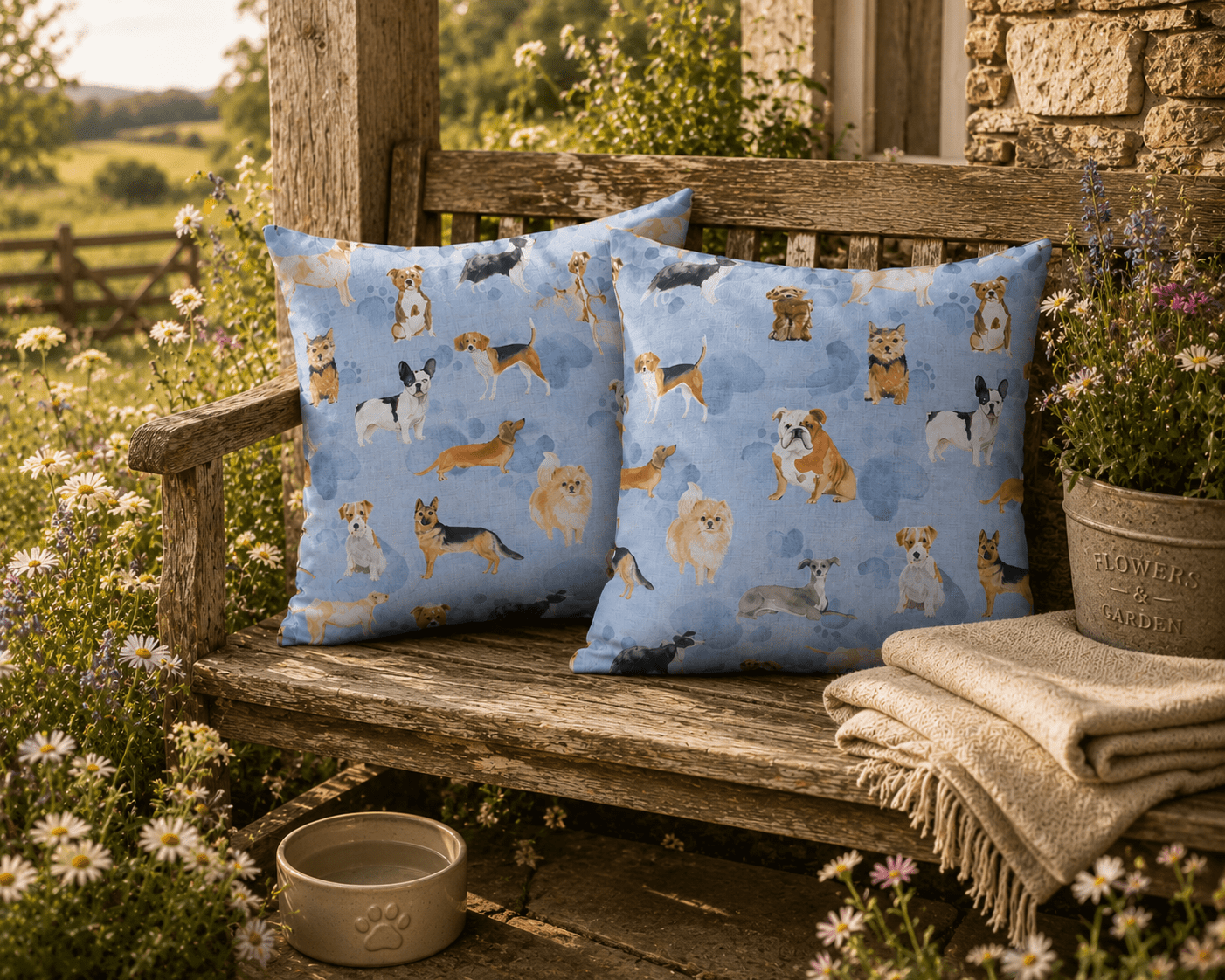 Water-Resistant Dog Print Outdoor Cushion: Recycled Insert (32cm) - KJ Designs