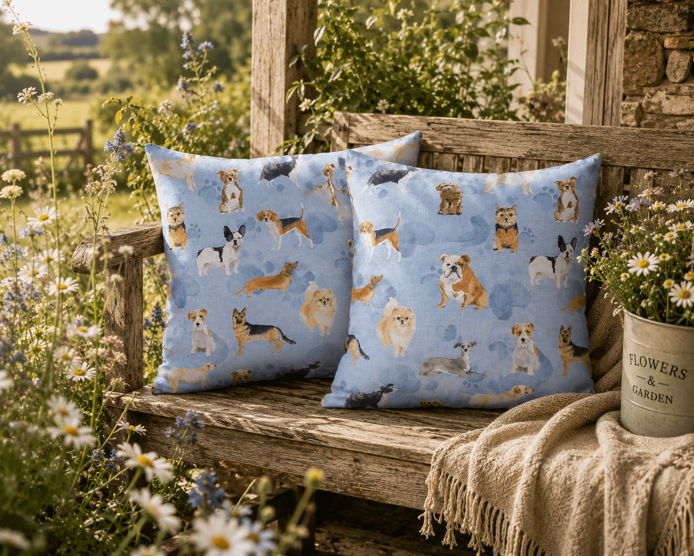 Water-Resistant Dog Print Outdoor Cushion: Recycled Insert (32cm) - KJ Designs