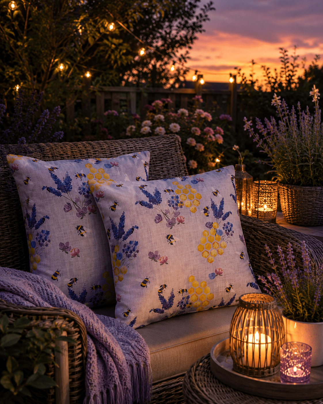Water-Resistant Outdoor Pillows: Honeycomb Bee Floral Decor (Set of 2) - KJ Designs
