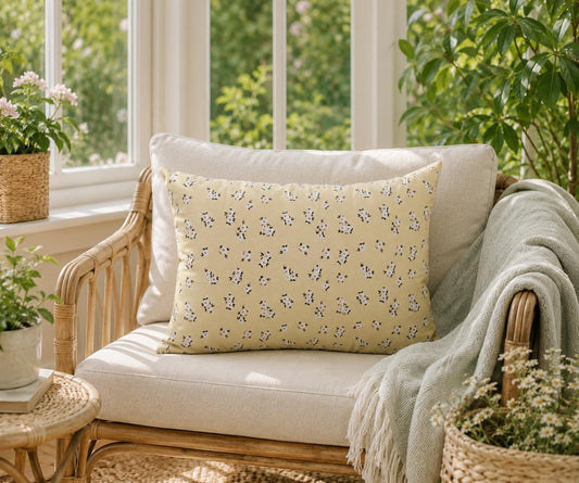 Yellow Floral Bird Print Cushion | Reversible Cottage Style Decor - KJ Designs